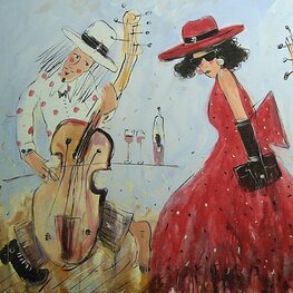 Czerwona sukienka i muzykanci